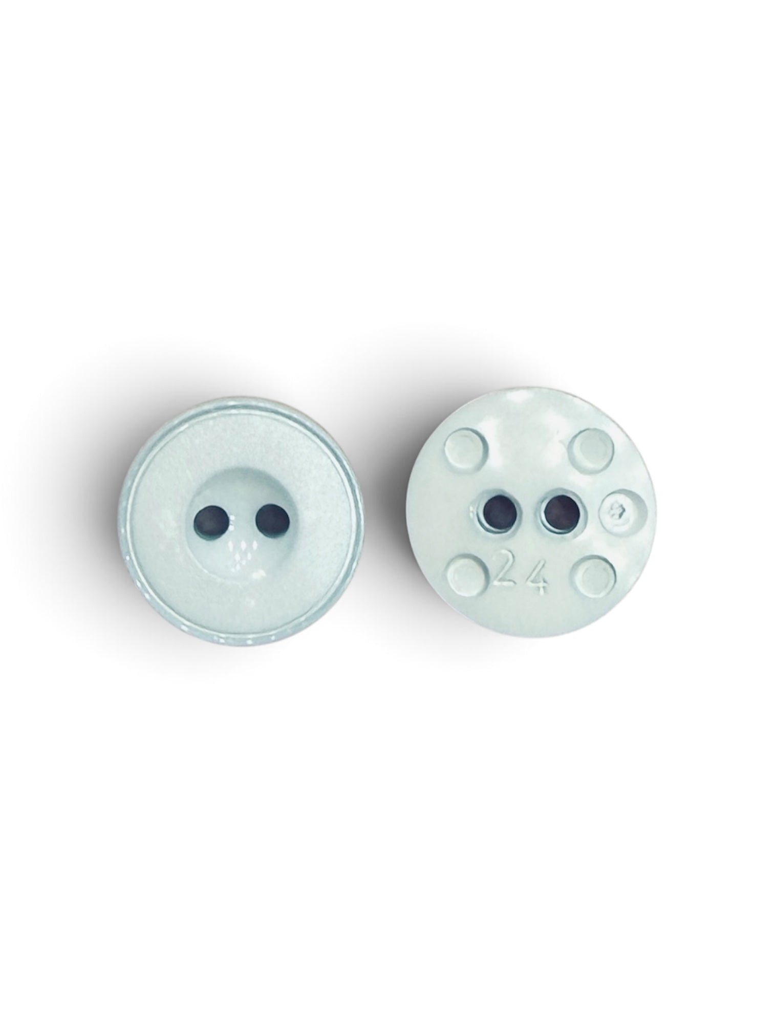 Front and back view of a light grey 15mm round button with two holes.