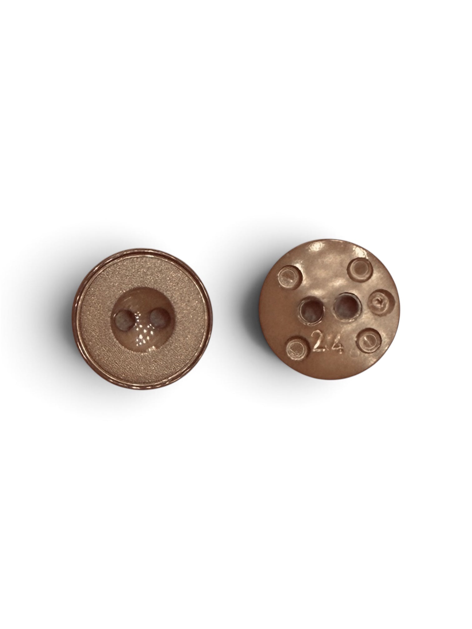 Front and back view of a 15mm brown two-hole button with a textured rim and smooth center.