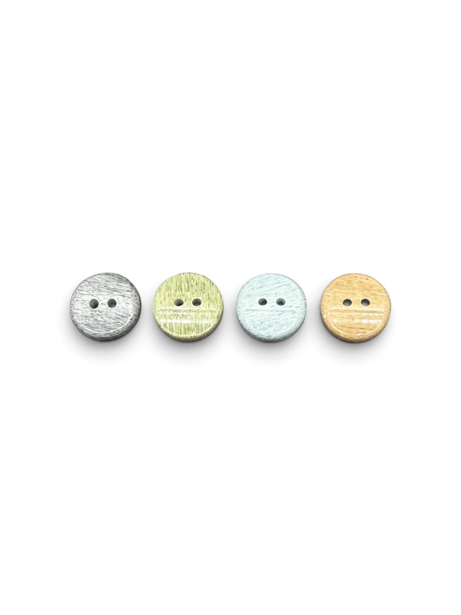 Four 15mm round 2-hole sewing buttons in grey, green, light blue, and tan with a textured finish.