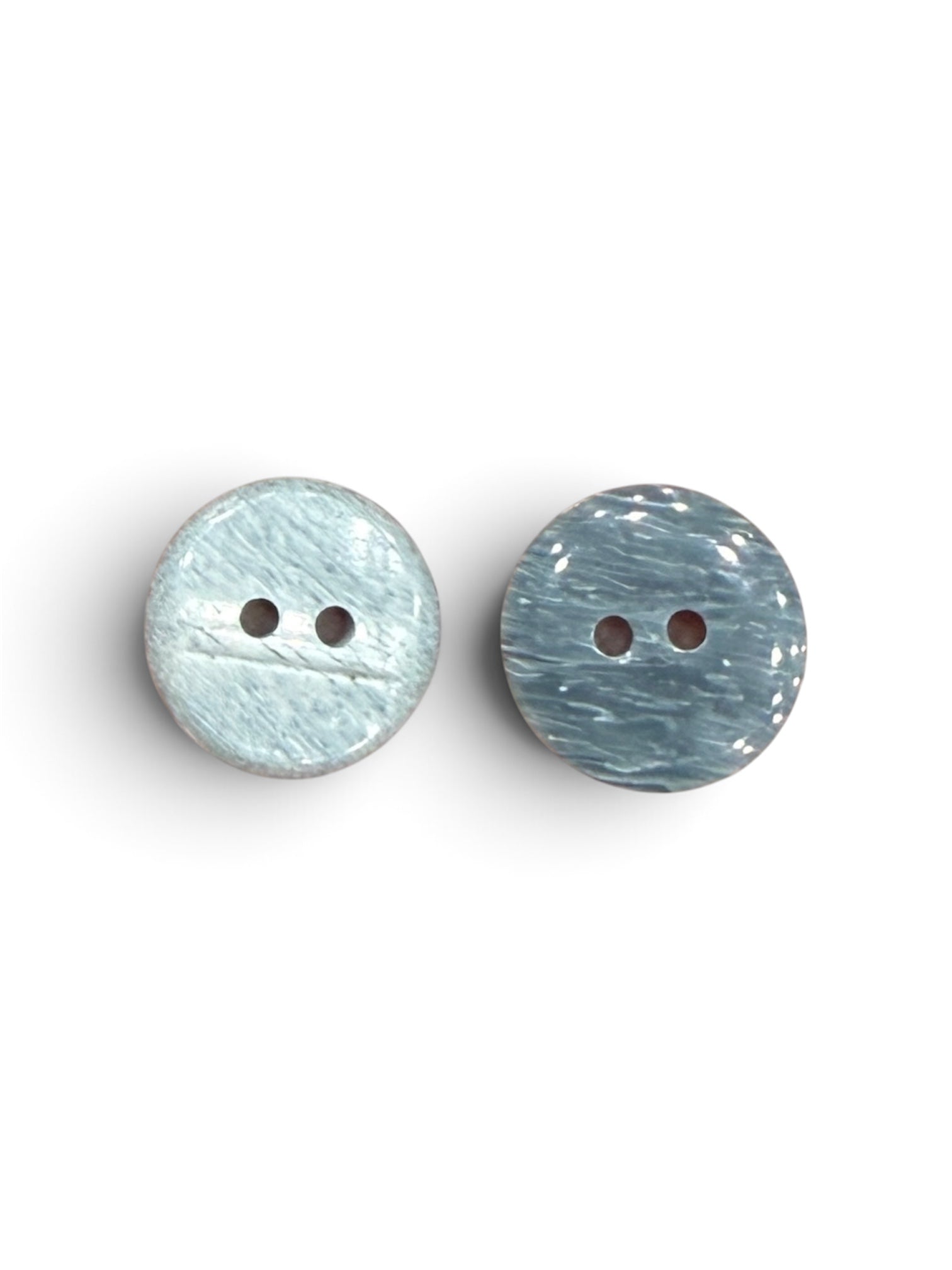 Two 15mm round 2-hole sewing buttons with a marbled blue and grey textured finish.