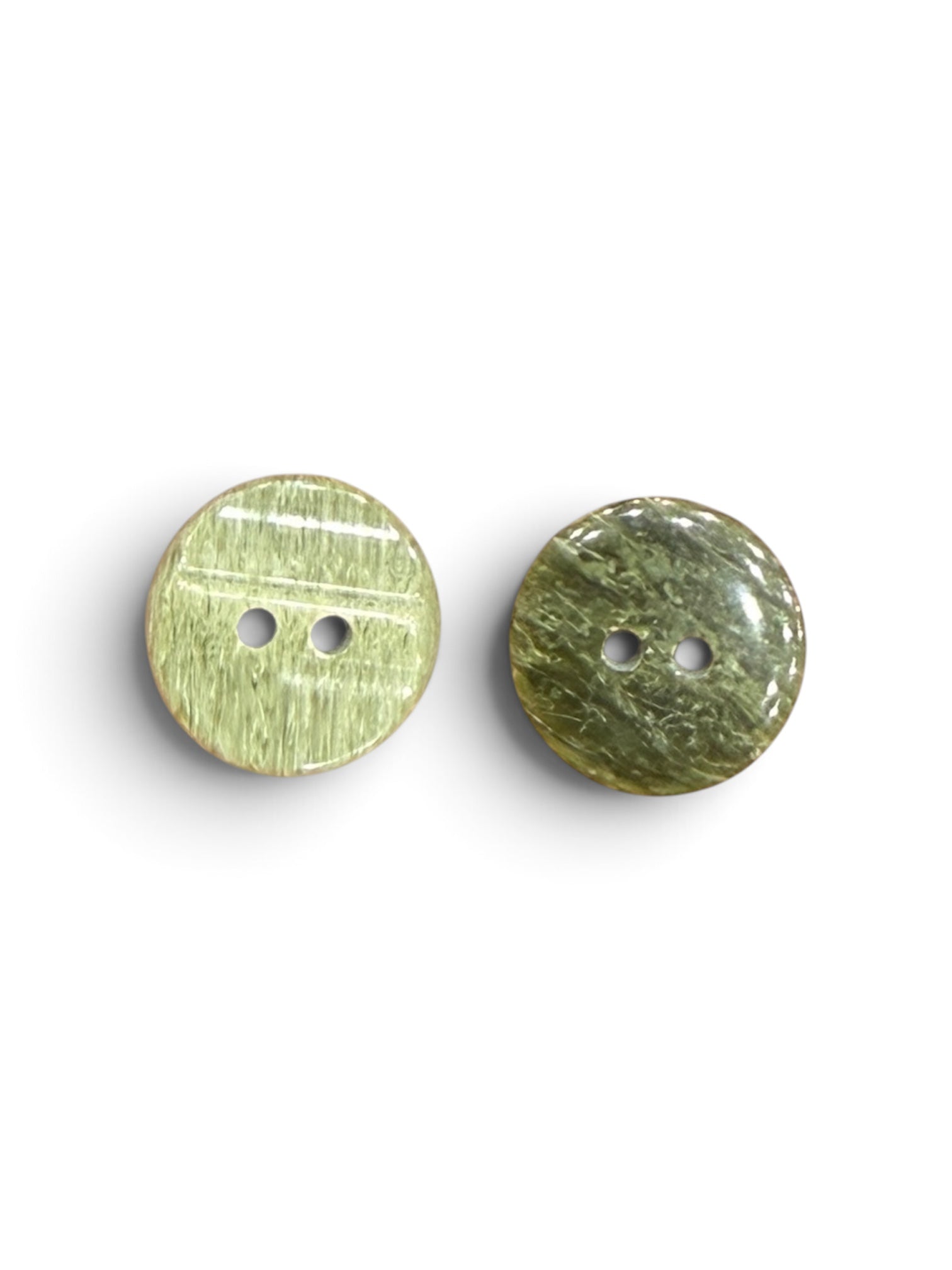 Two 15mm round 2-hole sewing buttons with a green marbled stone texture on a white background.