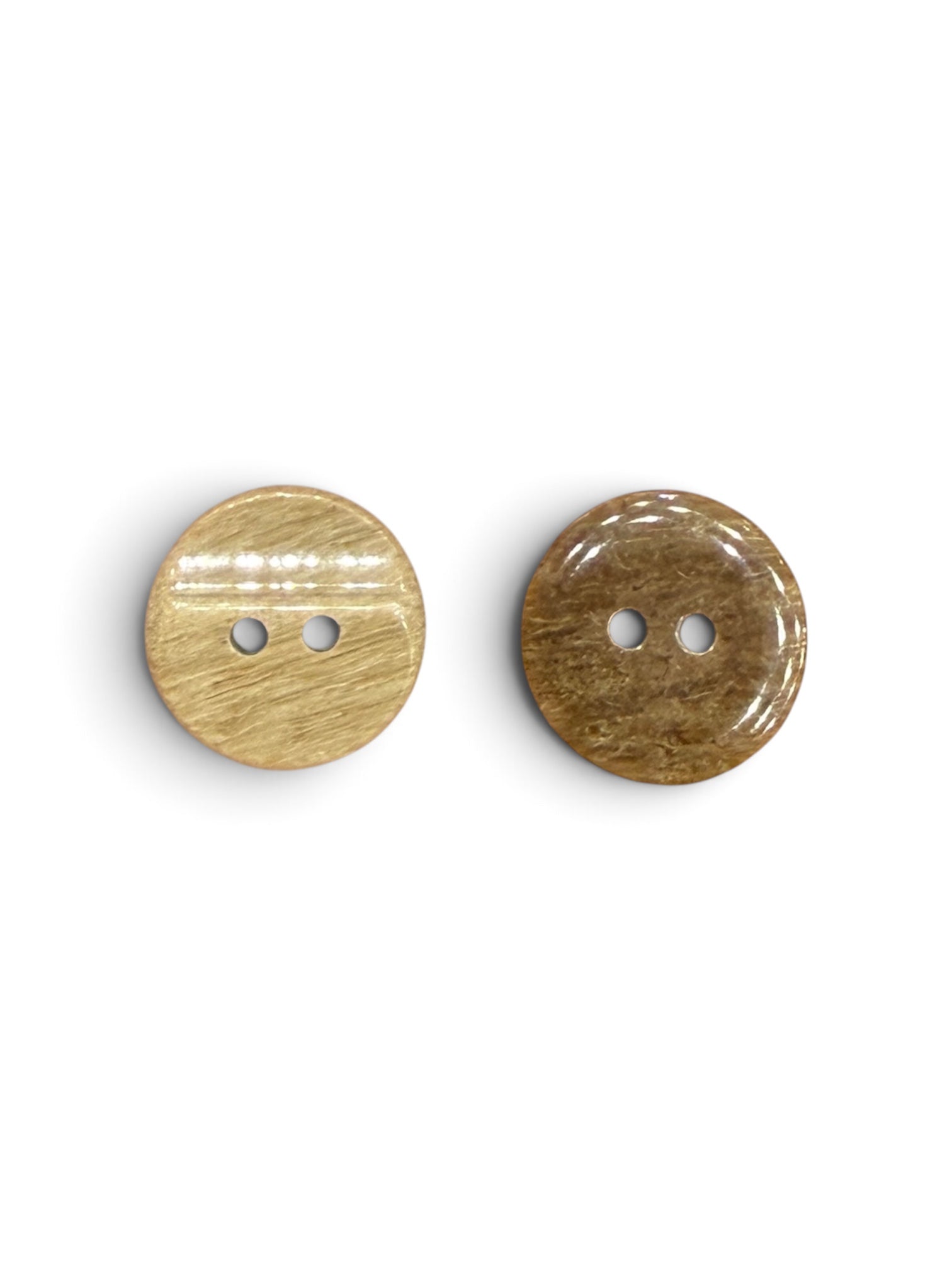 Two 15mm round 2-hole sewing buttons with a polished wood-grain finish in light and dark brown.