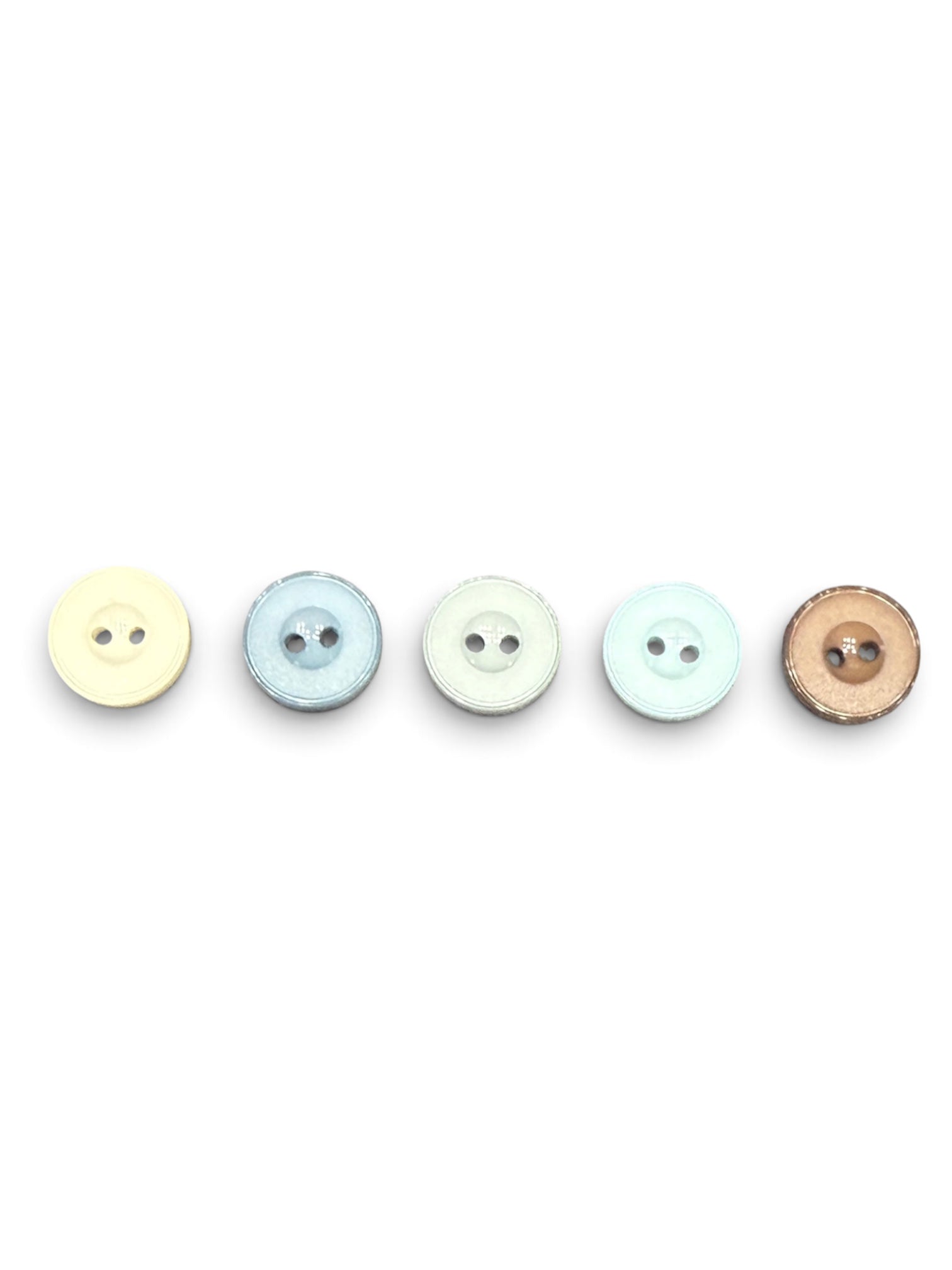 Five 15mm round flat 2-hole sewing buttons in cream, blue, grey, mint, and brown colors.