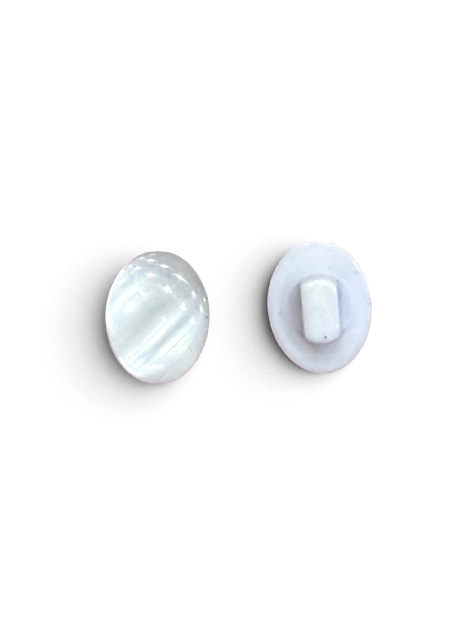 Front and back view of a 12mm oval white polished resin sewing button with a smooth shiny finish.