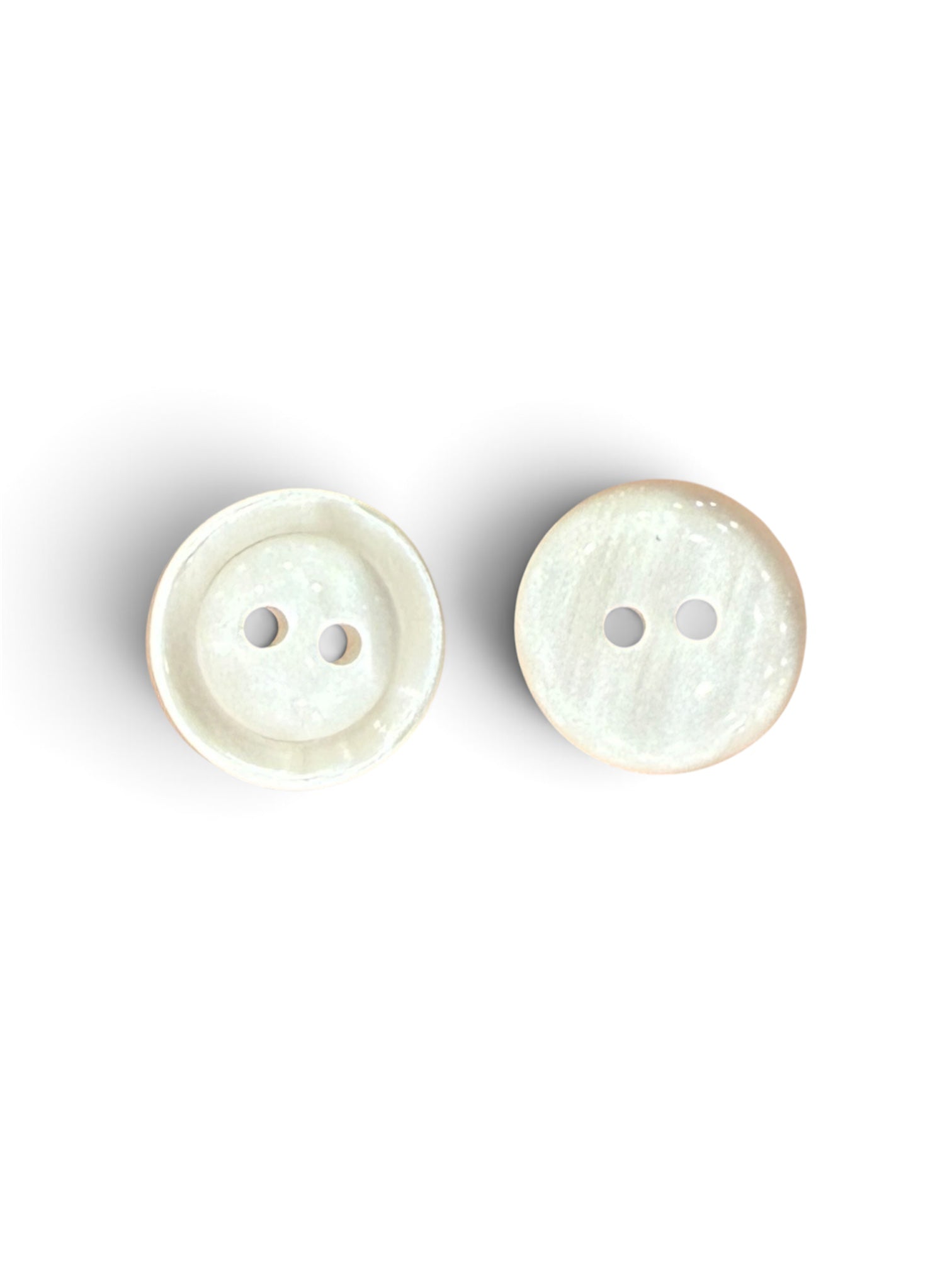 Two 14mm ivory resin buttons with a two-hole design and a flat back profile.