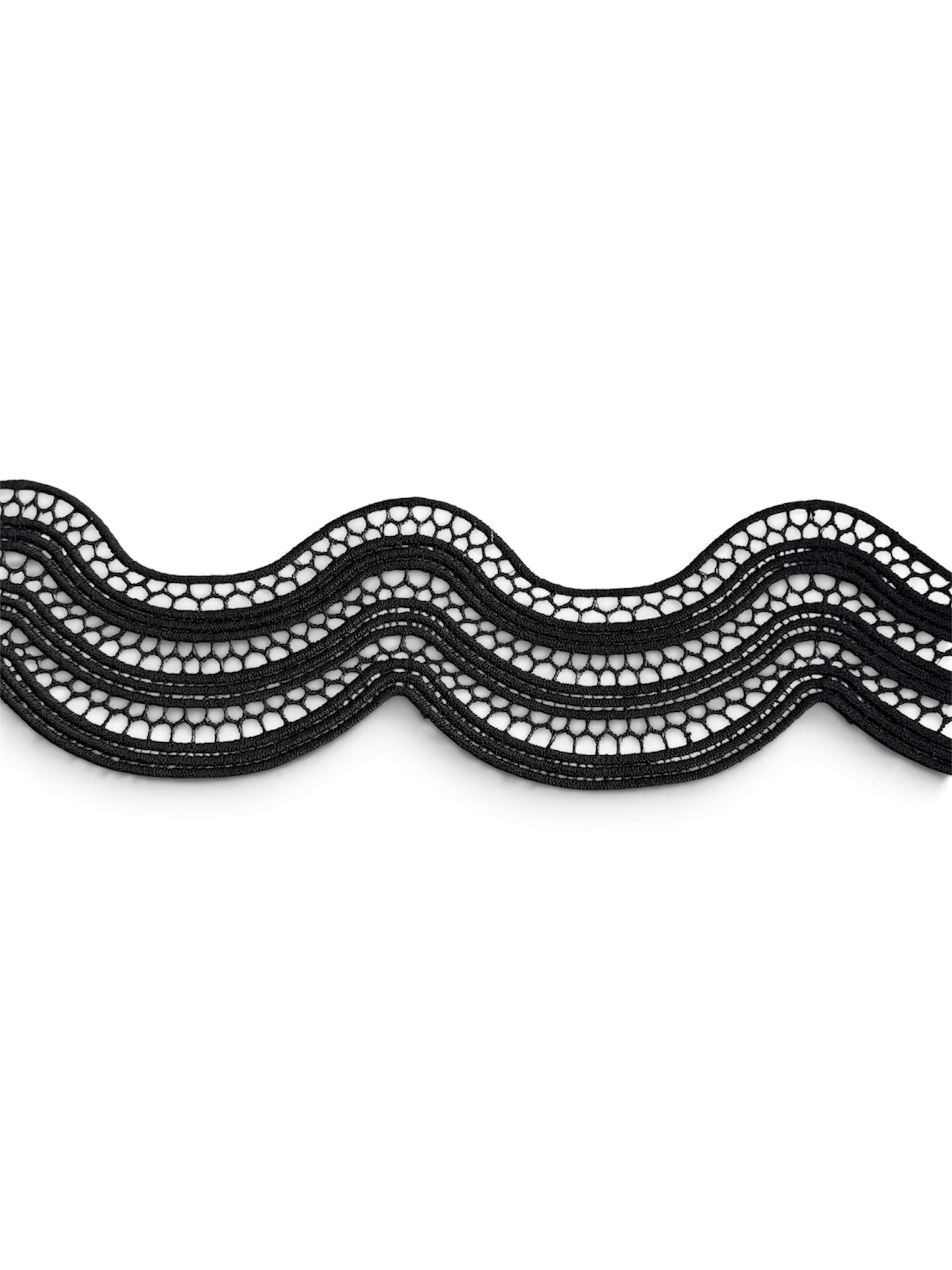 54mm black wavy designer lace with a mesh pattern and horizontal stitched lines.