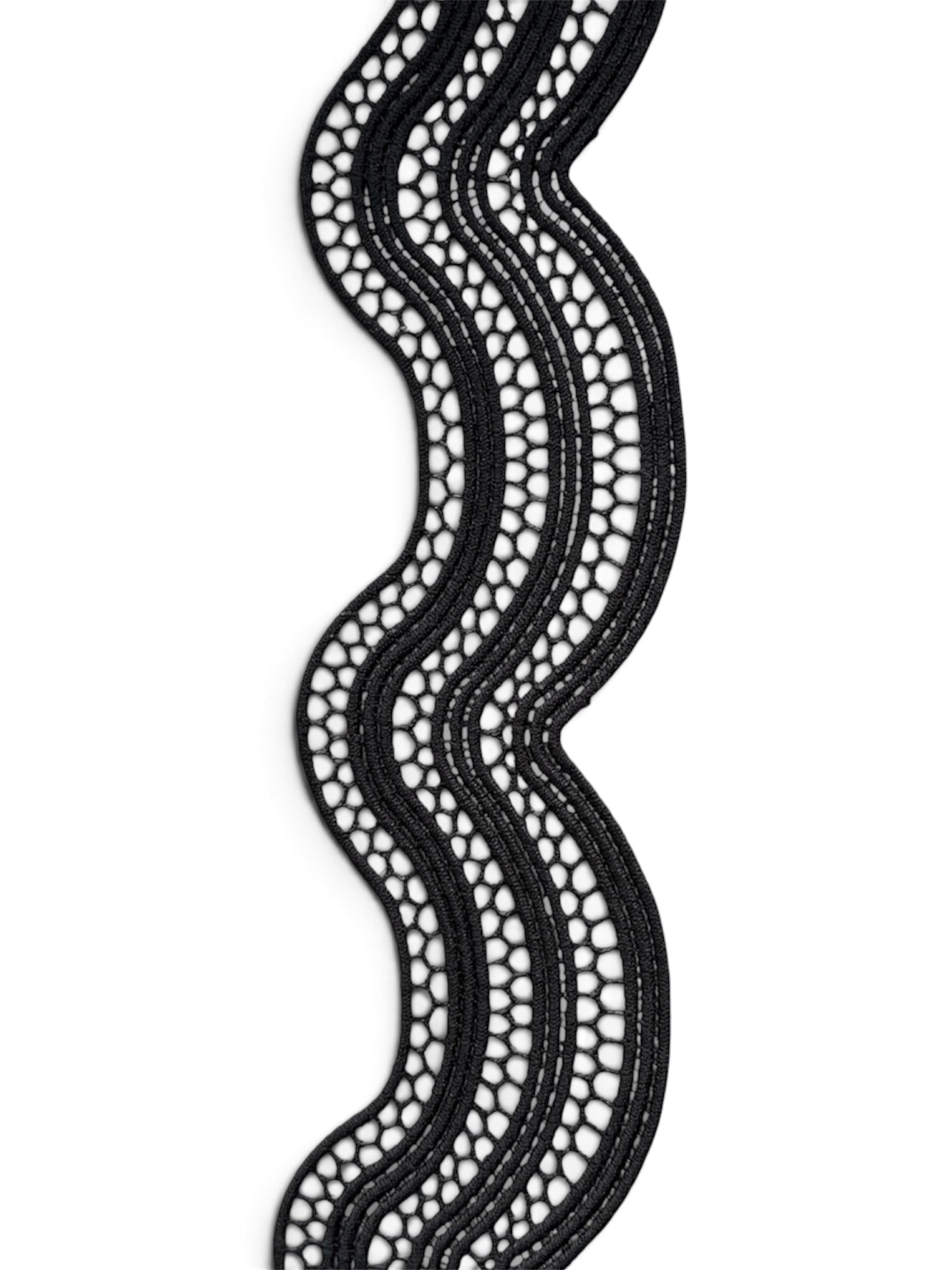 54mm black wavy designer lace with a delicate mesh pattern and scalloped edges.