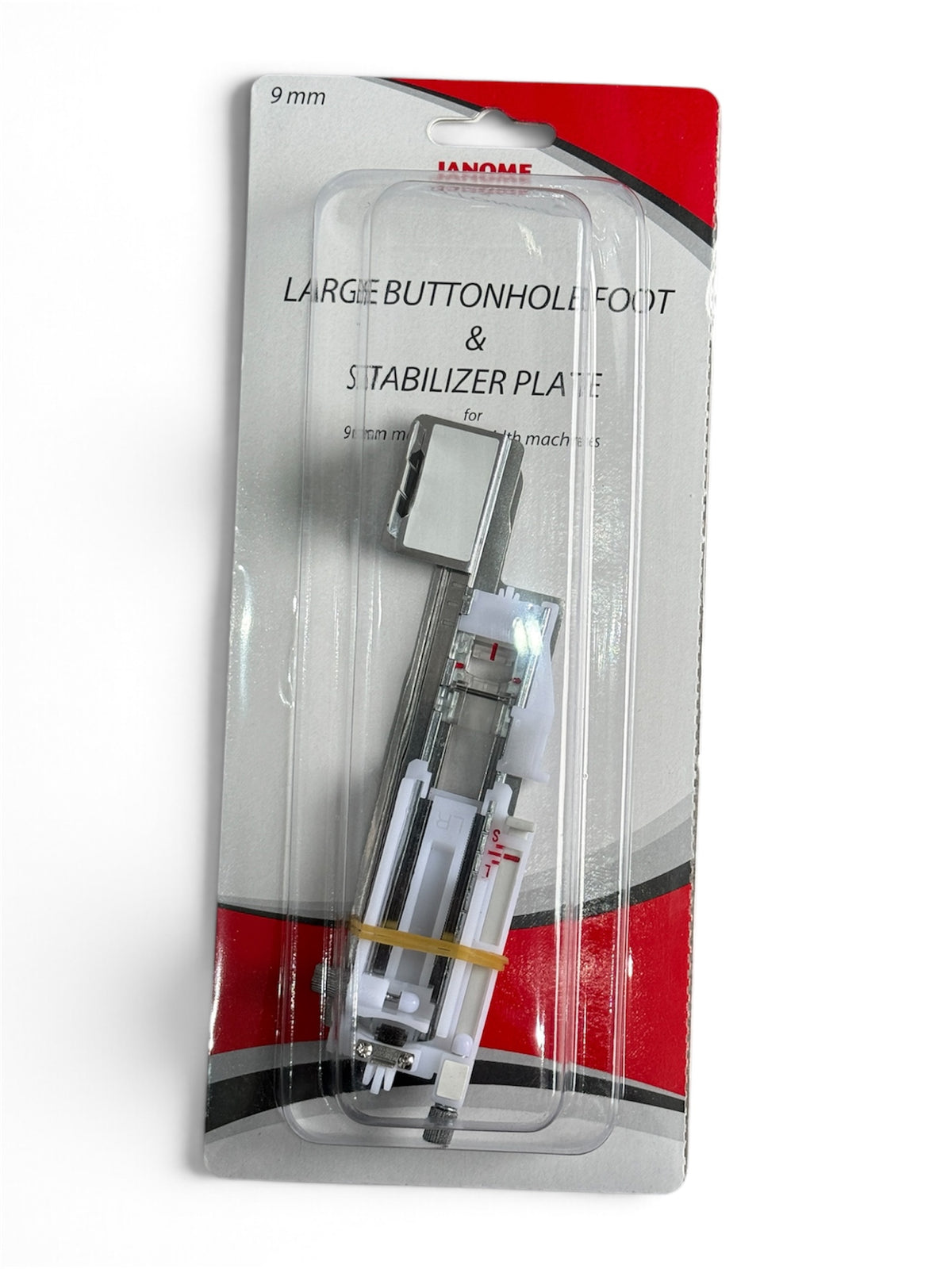 Janome Large Buttonhole Foot and Stabilizer Plate for 9mm stitch width machines in packaging.