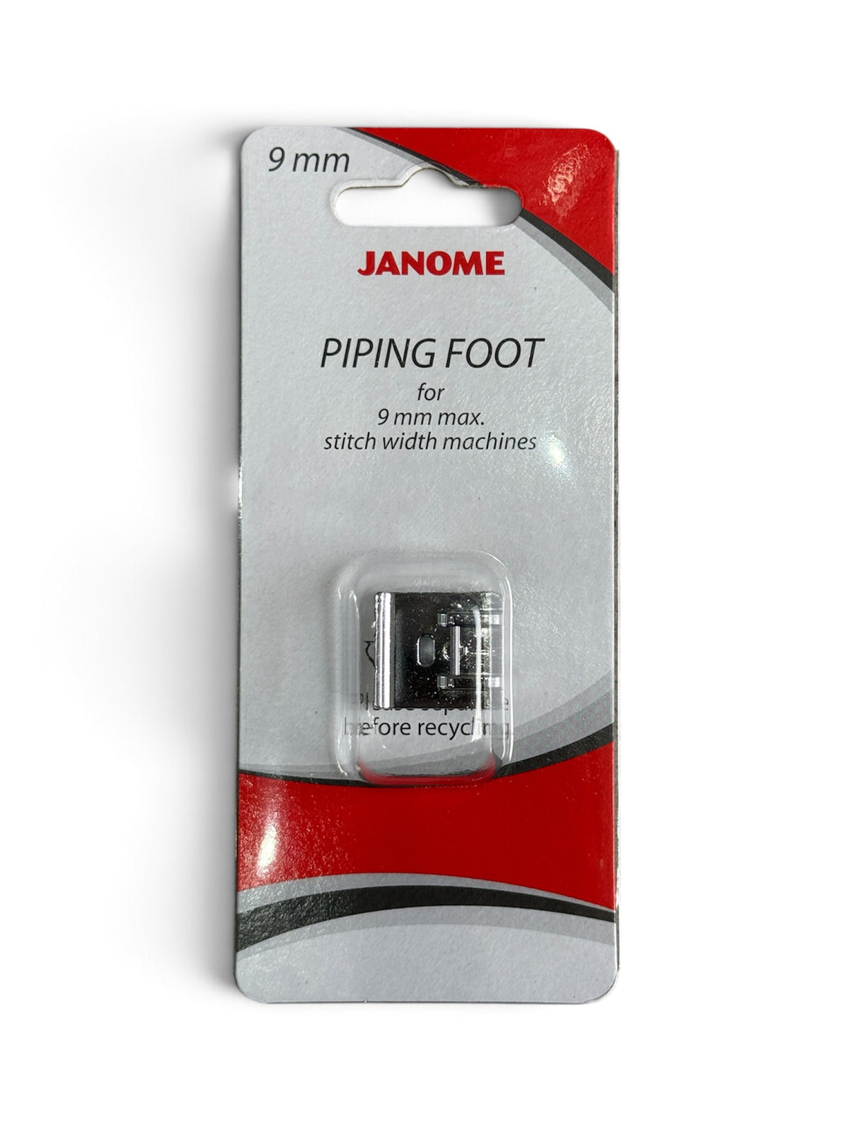 Janome Piping Foot in original packaging for 9mm maximum stitch width sewing machines.