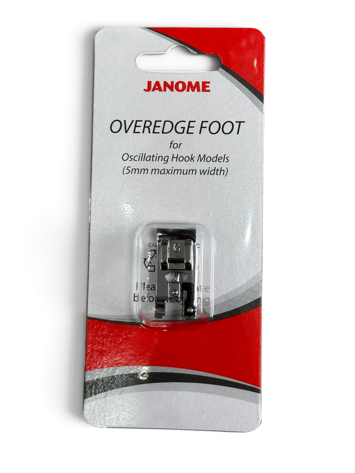 Janome Overedge Foot in original packaging for oscillating hook models with 5mm maximum width.