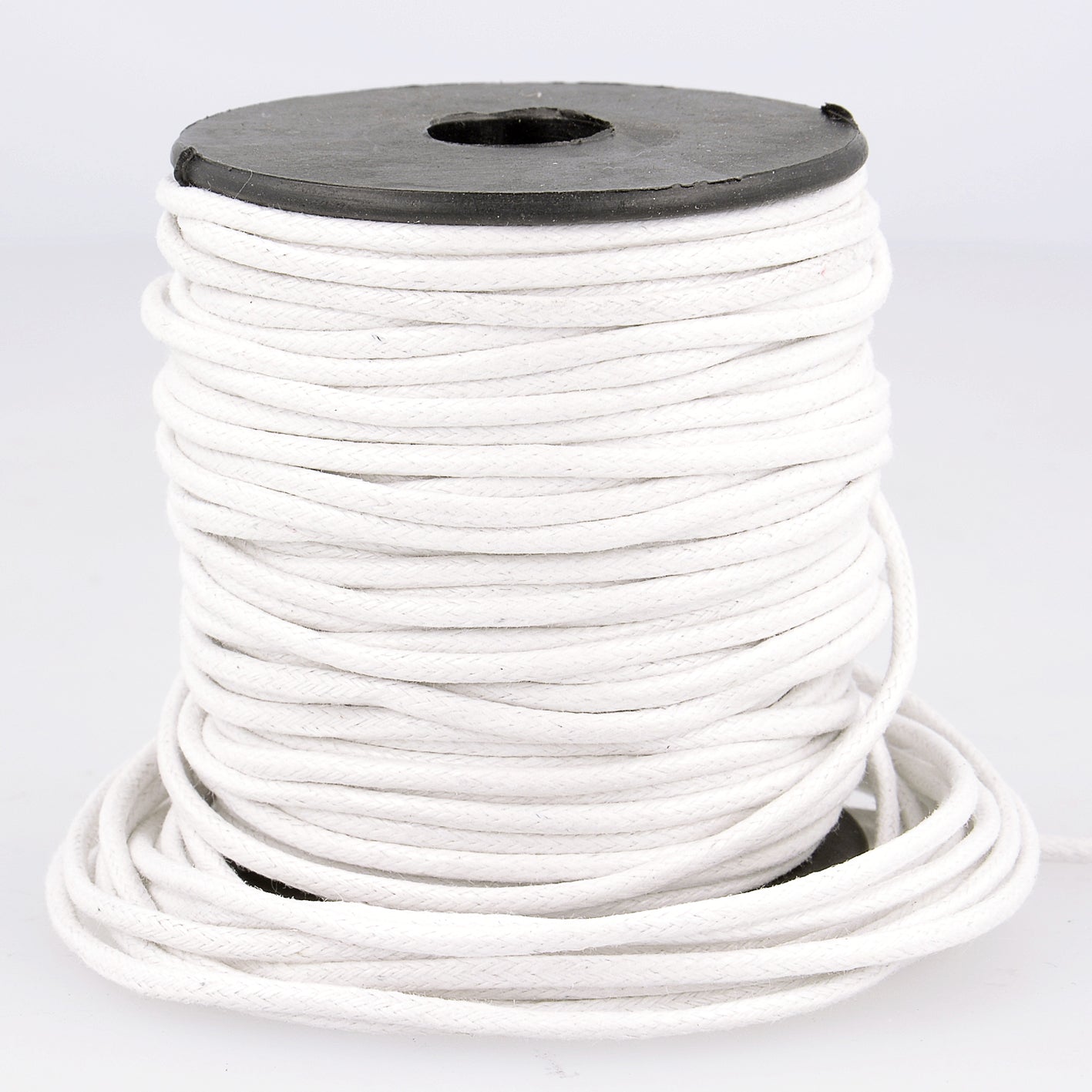 White 2mm faux leather cord wound around a black spool.