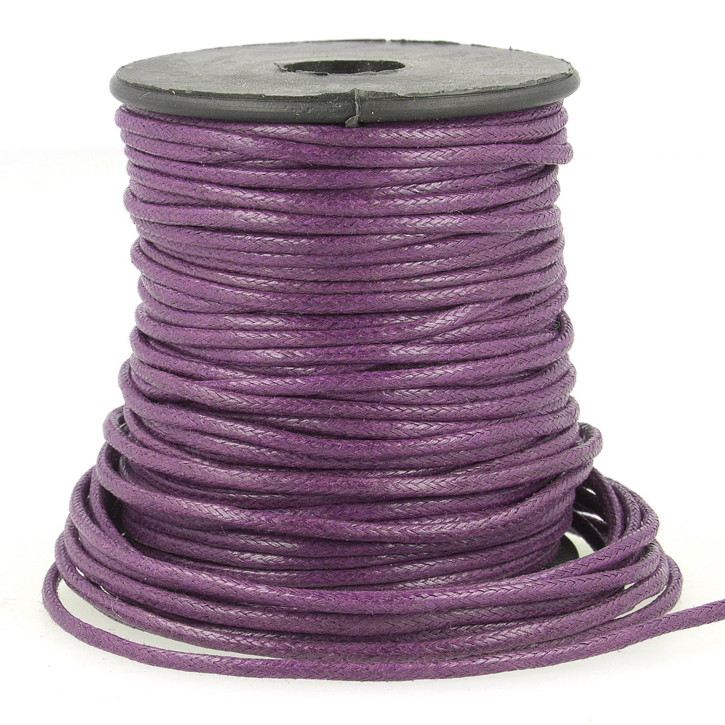 A spool of 2mm purple faux leather cord with a braided texture on a black plastic reel.