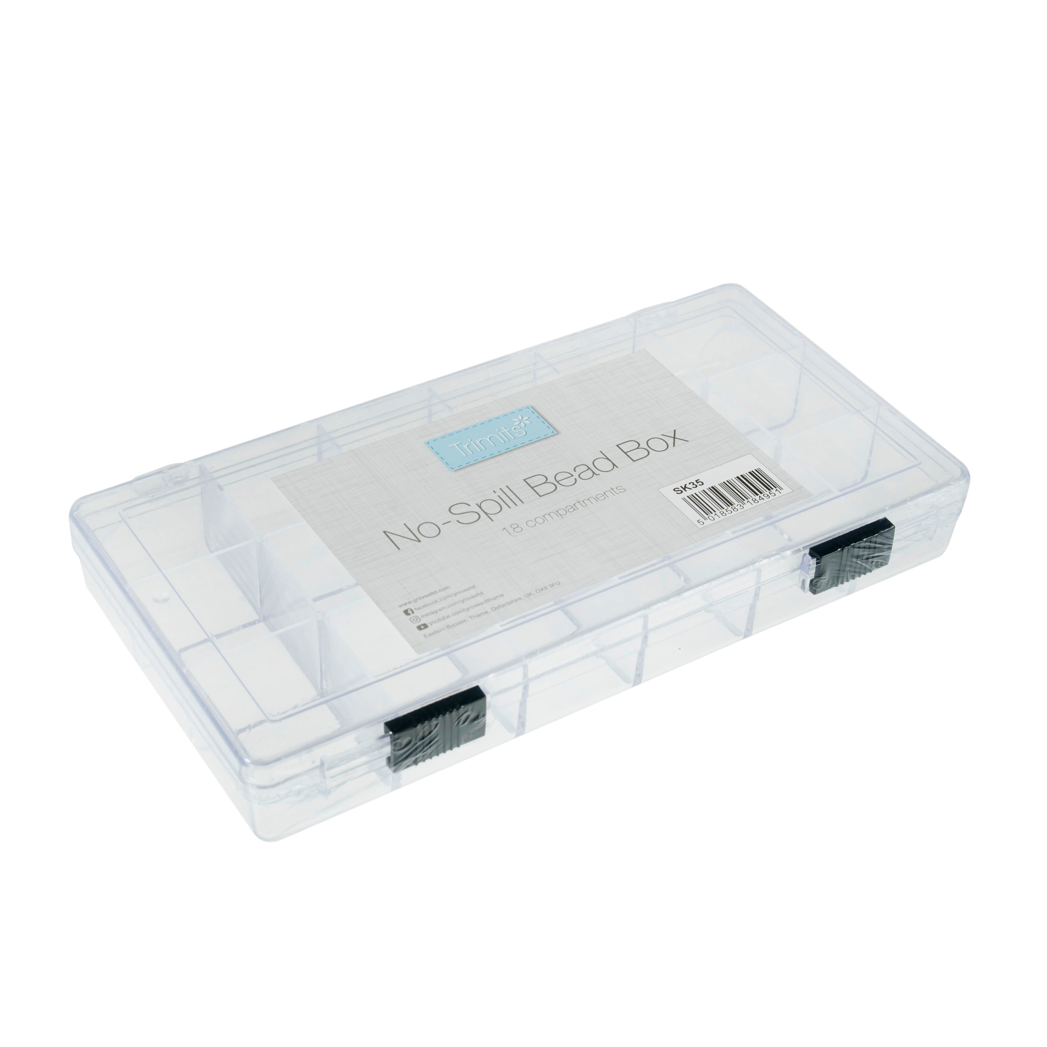 Trimits No-Spill Bead Box with 18 compartments and secure black latches, 21 x 10.5 x 3cm.