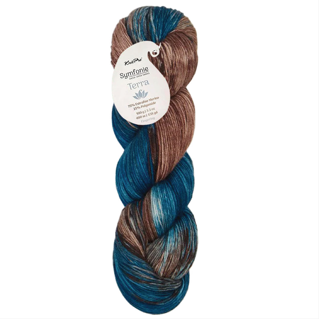 KnitPro Symfonie Terra 100g fingering weight sock yarn in a variegated blue and brown skein.