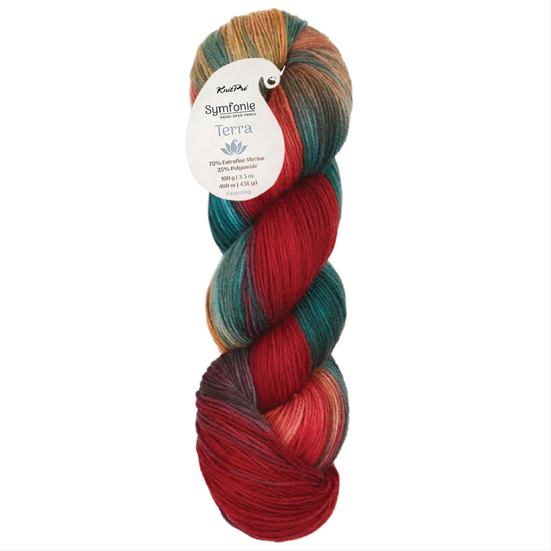 Skein of KnitPro Symfonie Terra fingering weight sock yarn in variegated red, teal, and gold.