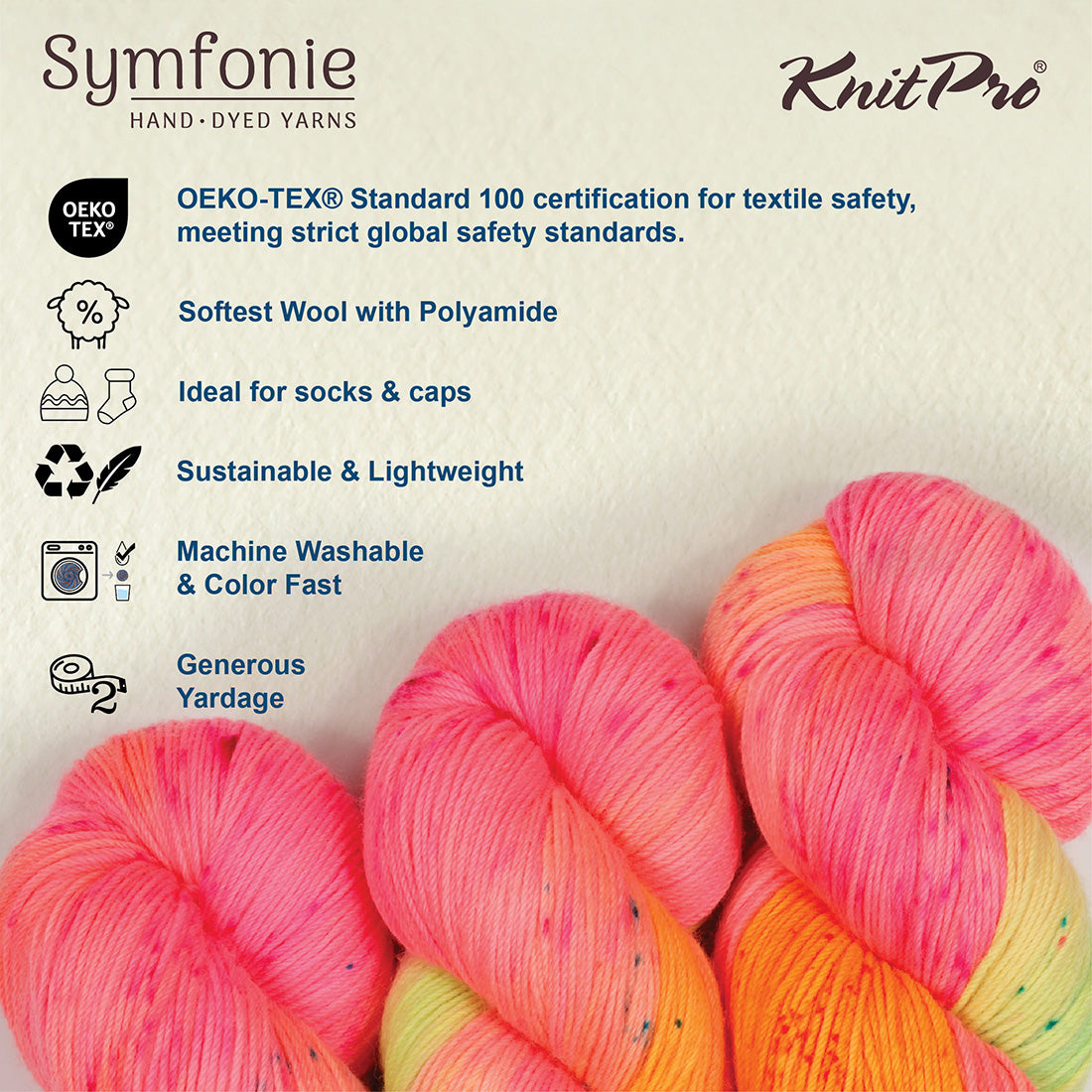 Symfonie Terra hand-dyed pink and orange variegated yarn skeins with product feature icons.