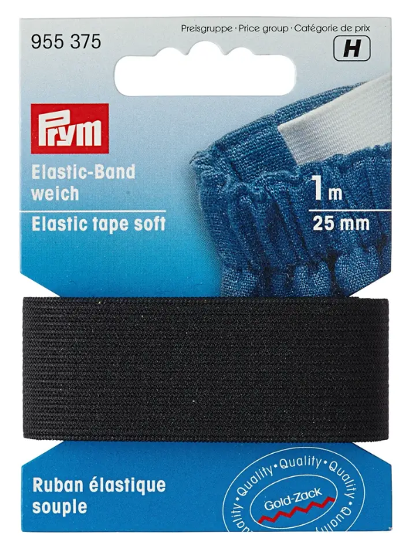 Elastic tape, soft, 25mm, black or white, 1m