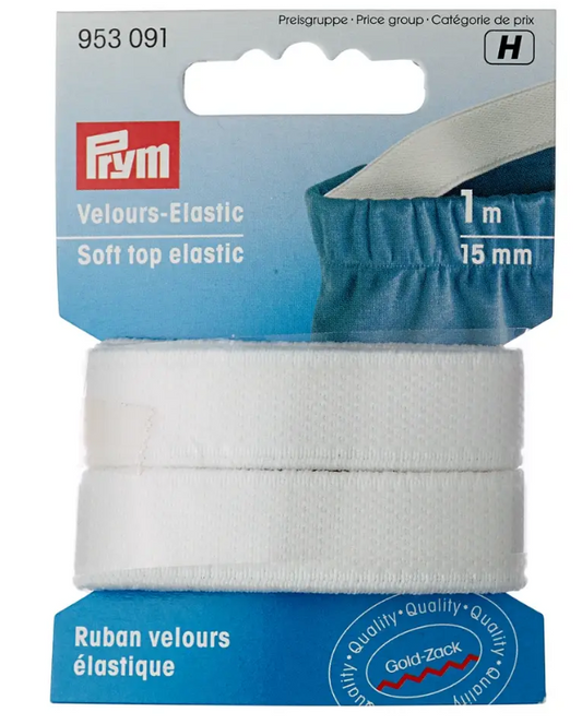 Velour elastic, 15mm, white, 1m