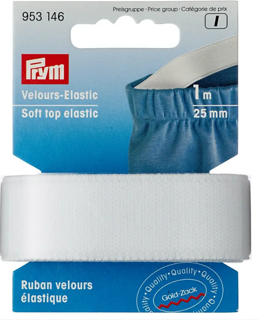 Velour elastic, 25mm, white, 1m