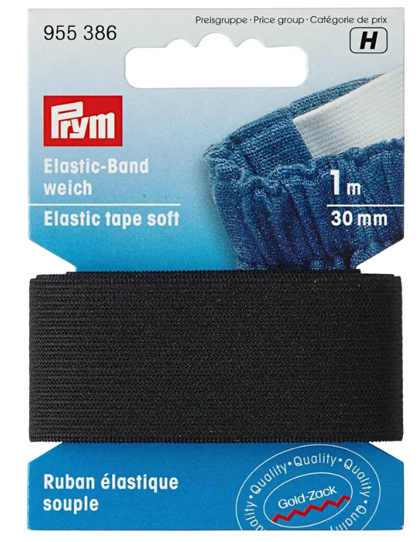 Elastic tape, soft, 30mm, white or black, 1m