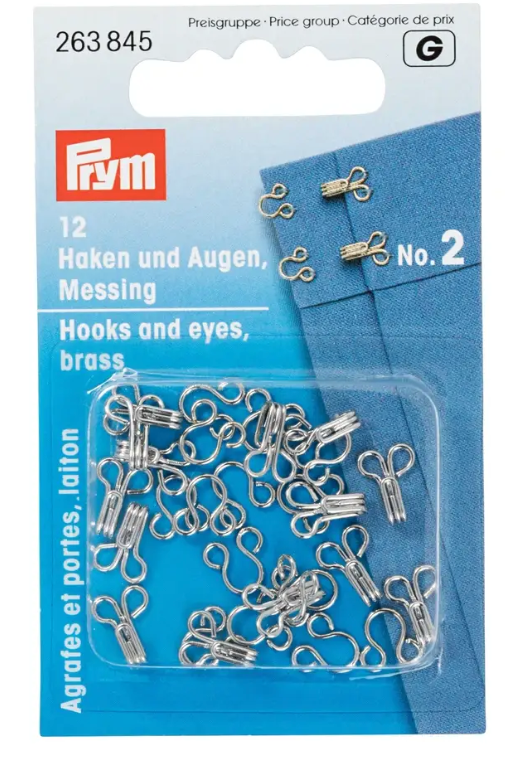 Spring hooks and eyes, size 1/ 2/ 3, silver-coloured, card, 12pc