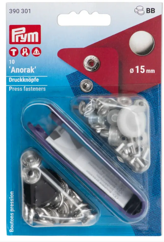 Non-sew press fastener anorak, 15mm, silver-coloured