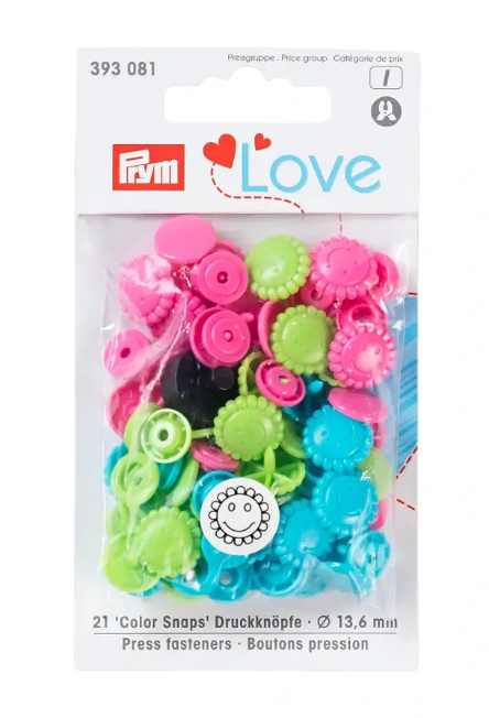 Colour snap fastener, Prym Love, flower, 13.6mm, turquoise/green/pink