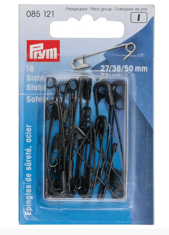 Safety pins, 27/38/50mm, assorted, black, 18 items