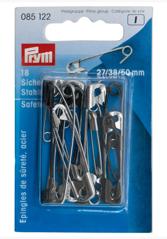 Safety pins, 27/38/50mm, assorted, silver-coloured/black, 18 items