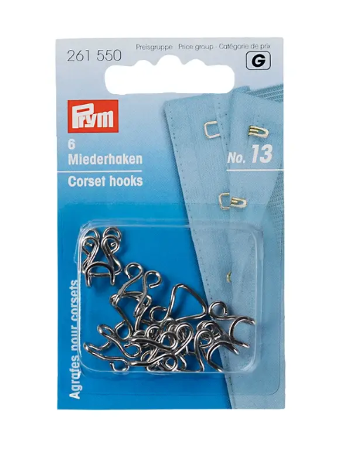 Bodice hooks and eyes, No. 13, silver-coloured, card