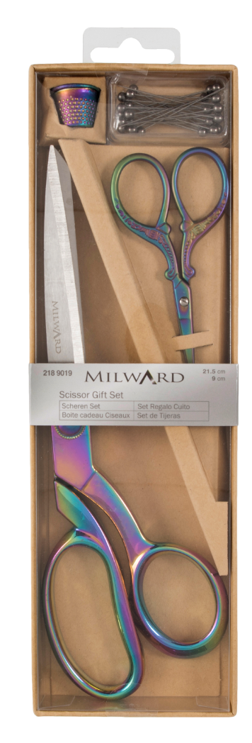 Scissors: Gift Set: Dressmaking (21.5cm) and Embroidery (9.5cm), Thimble & Pins: Rainbow