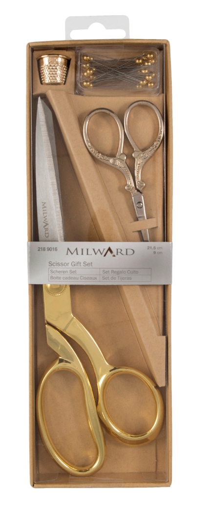 Scissors: Gift Set: Dressmaking (21.5cm) and Embroidery (9.5cm), Thimble & Pins: Gold