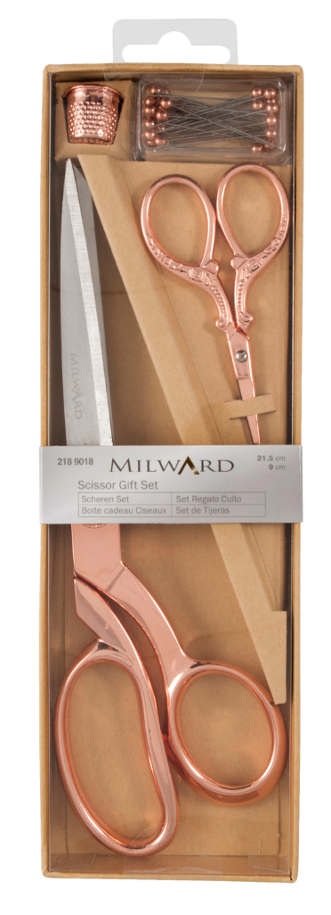 Scissors: Gift Set: Dressmaking (21.5cm) and Embroidery (9.5cm), Thimble & Pins: Rose Gold