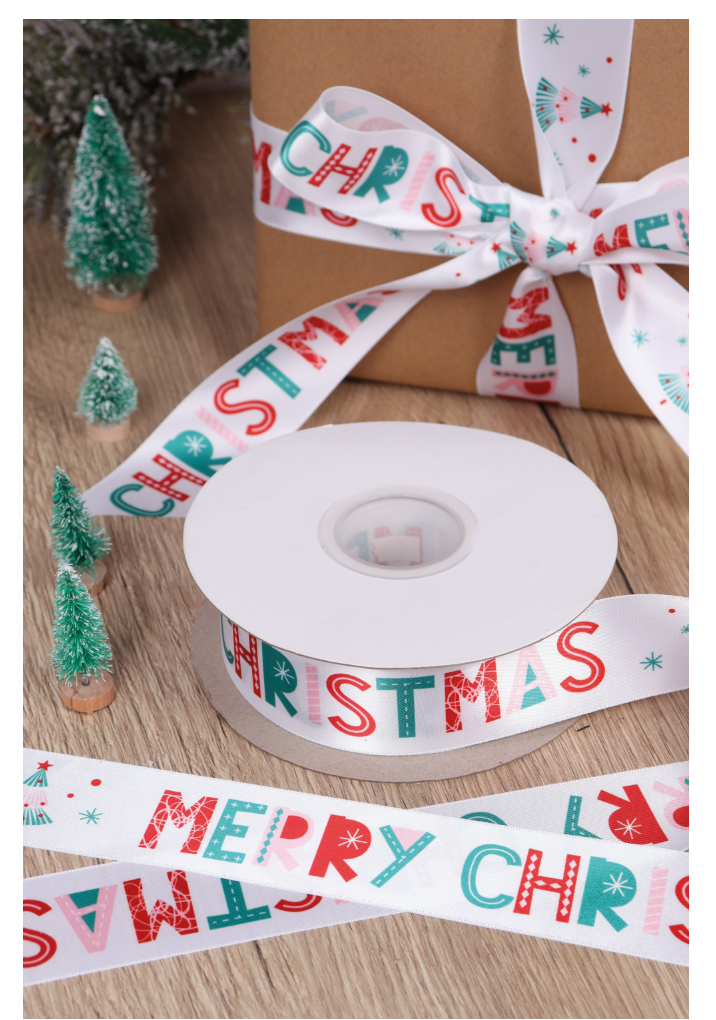 Christmas Ribbon: Satin: 1m x 25mm: Merry Christmas