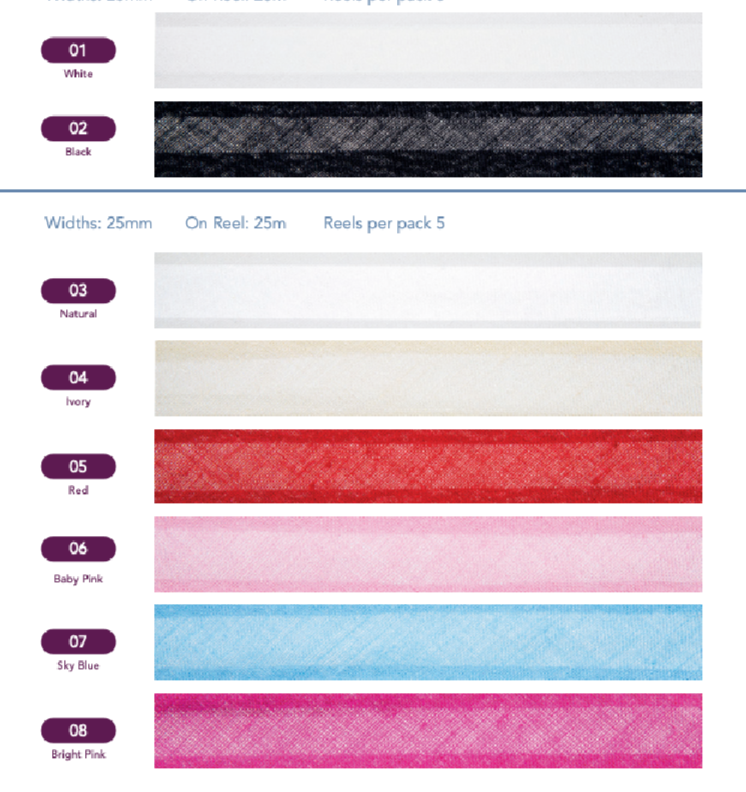 Super Ribbons Galedi Pins Cotton Bias Binding Tape – 25mm x 25m Roll