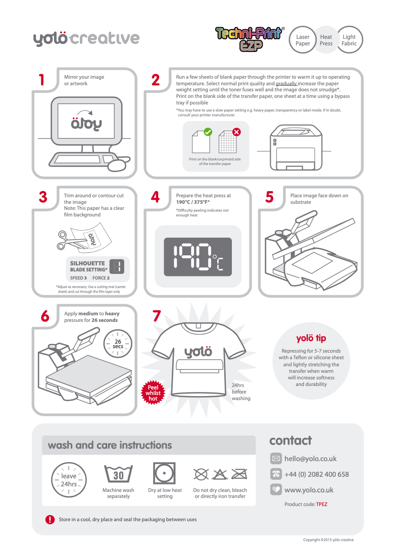 Instructions for using YOLO Creations 3G Jet-Opaque heat transfer paper.