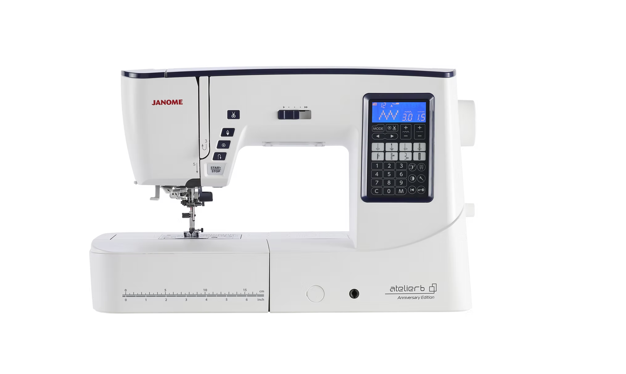 White Janome Atelier 6 Anniversary Edition computerized sewing machine with digital display.