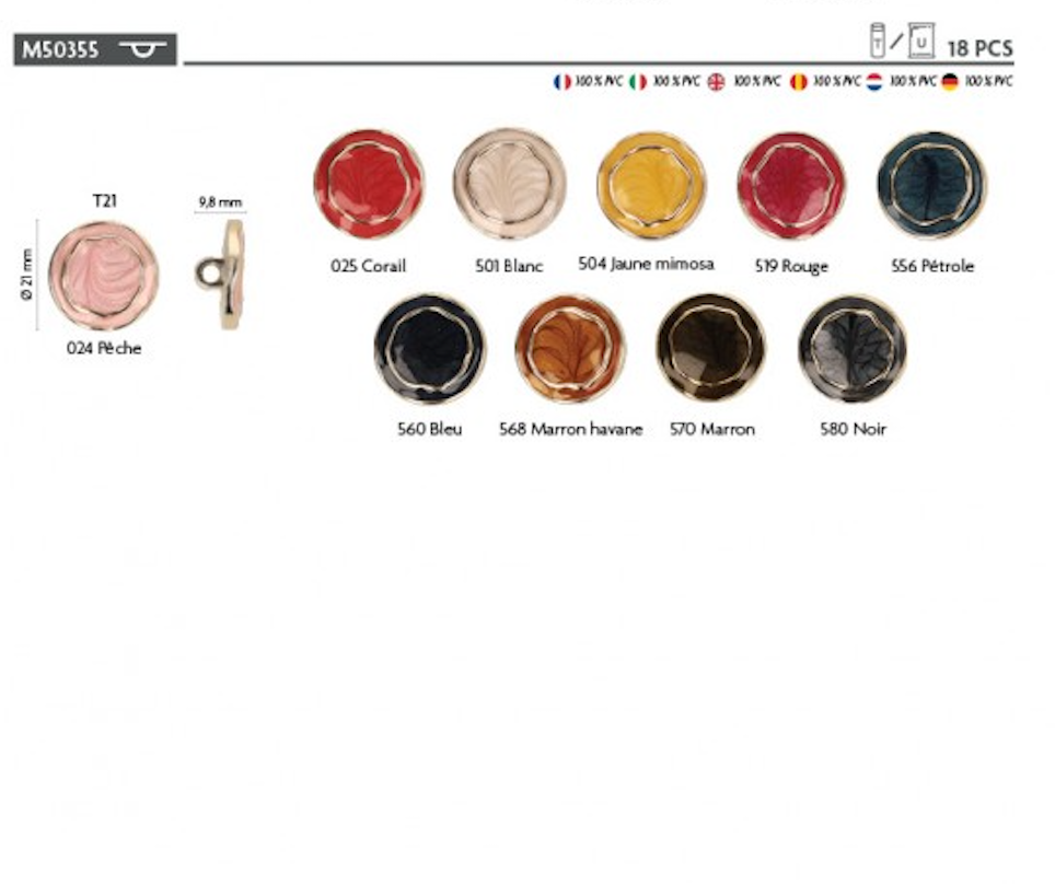 Round enamelled metal button with a floral design in various colors.