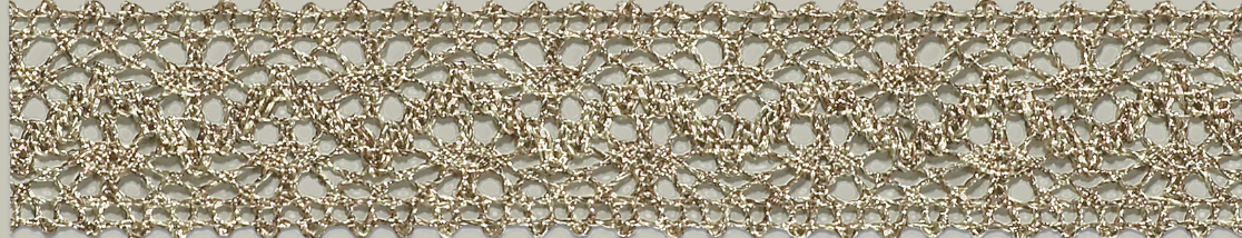 Golden metallic torchon lace with an openwork pattern.