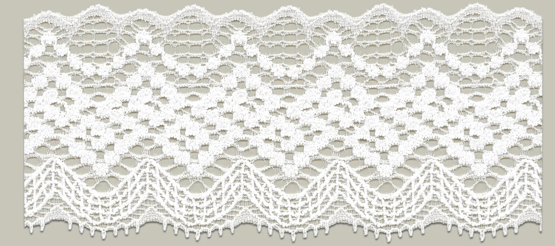 White stretch lace trimming with a scalloped edge.