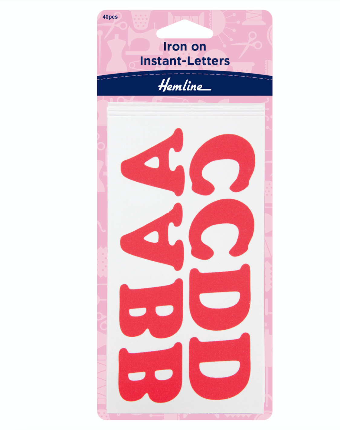 Red iron-on instant letters on a white backing card.