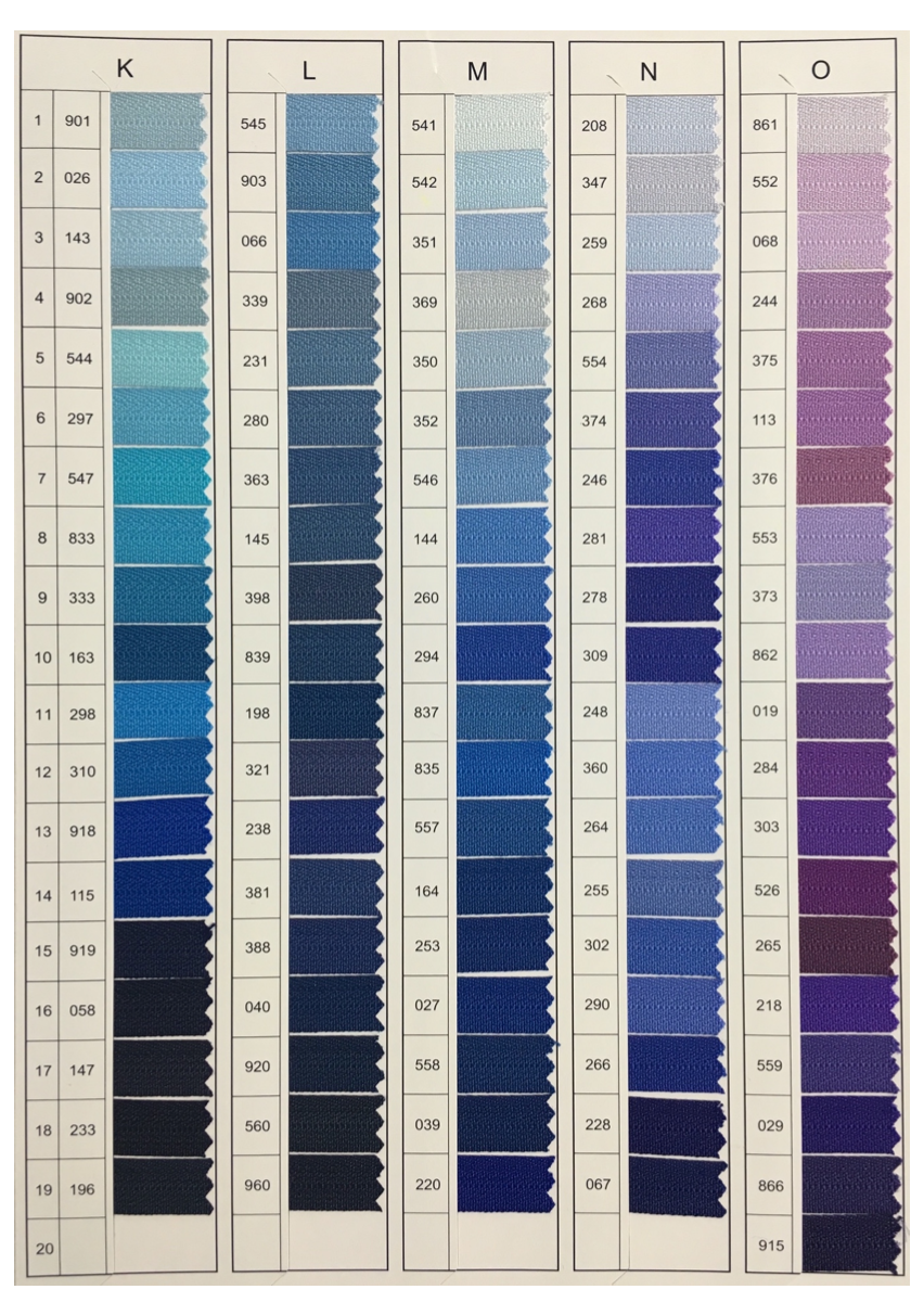 A color chart displays five columns of fabric zipper tape samples in various shades of blue and purple.
