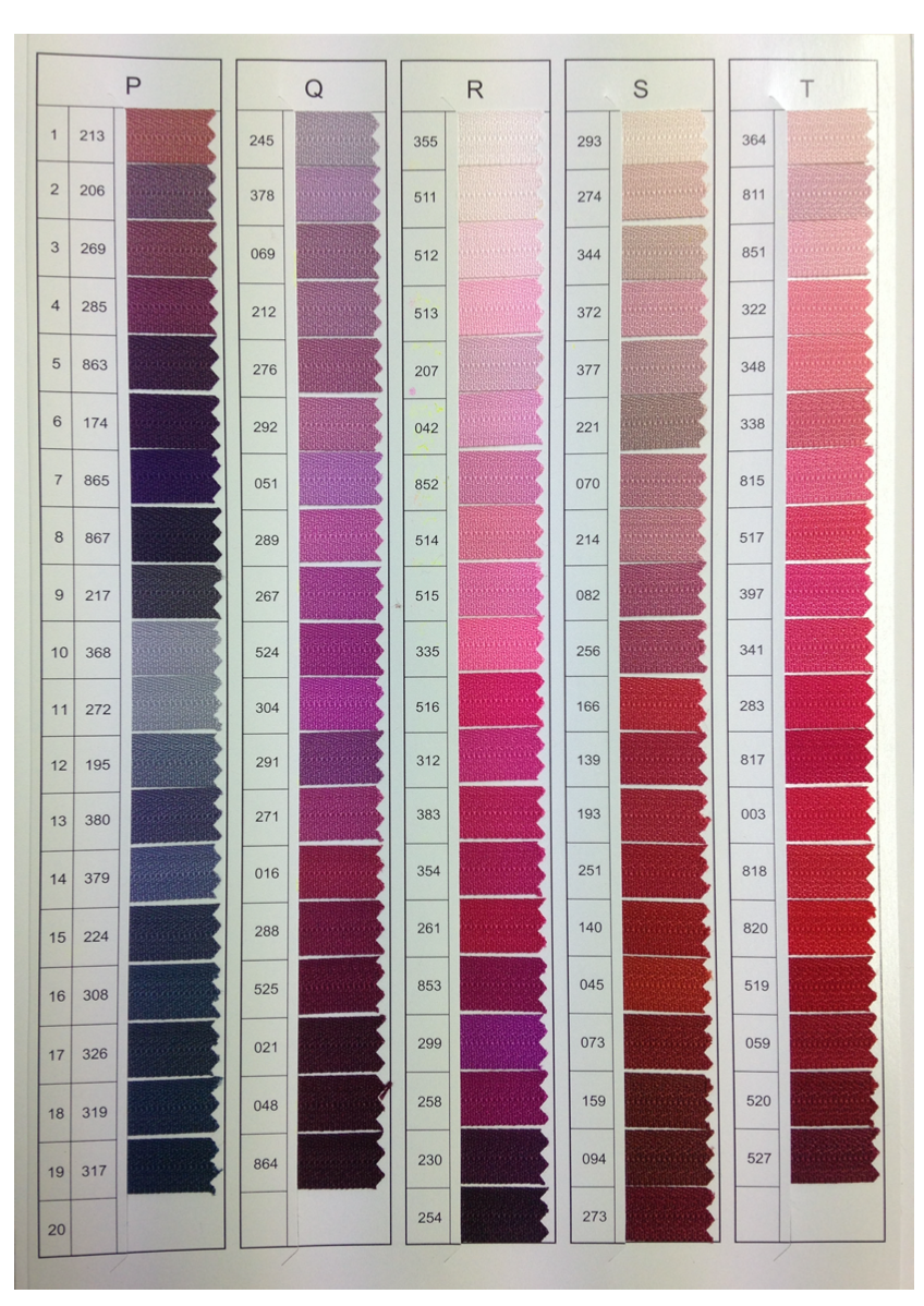 YKK size 3 closed end gold metal zip color chart.