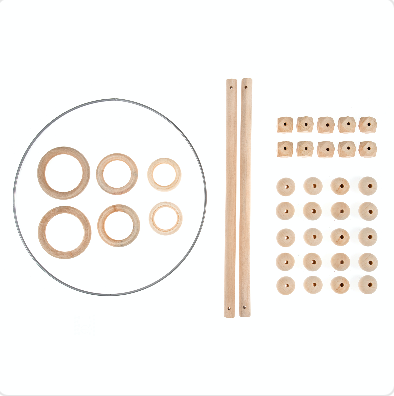 Macramé accessories starter pack featuring wooden rings, beads, dowels, and a metal hoop.