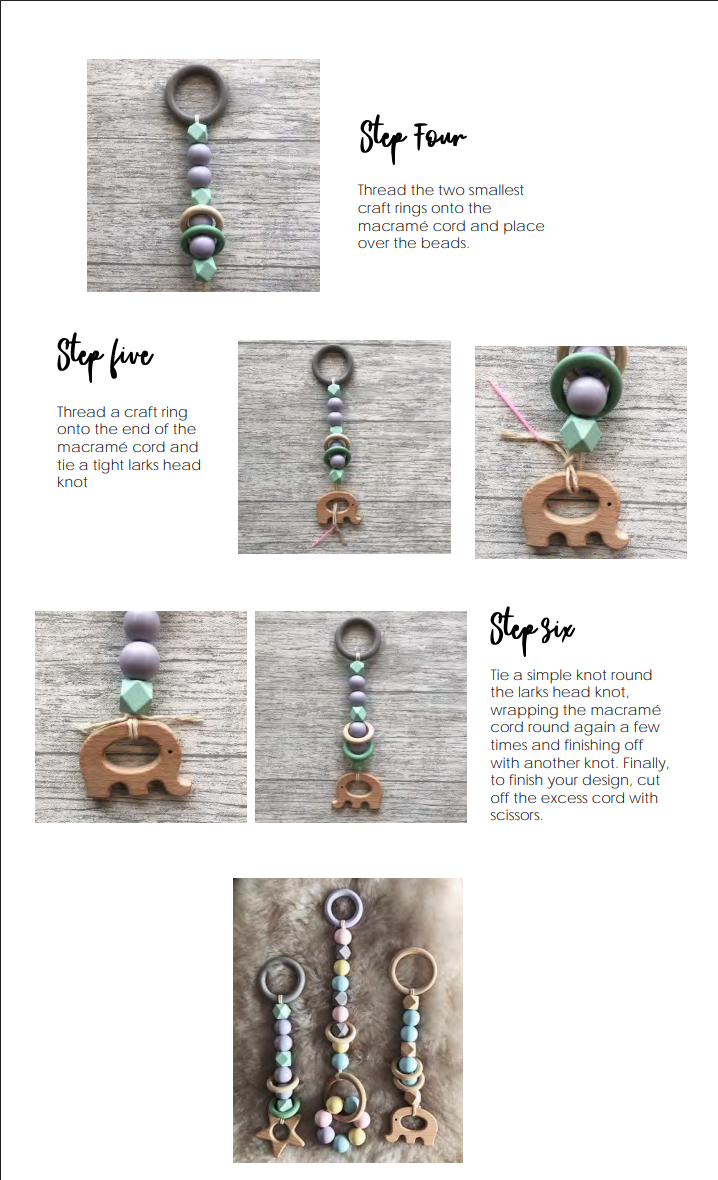 Instructional guide showing how to assemble a baby toy using pastel wooden beads and rings.