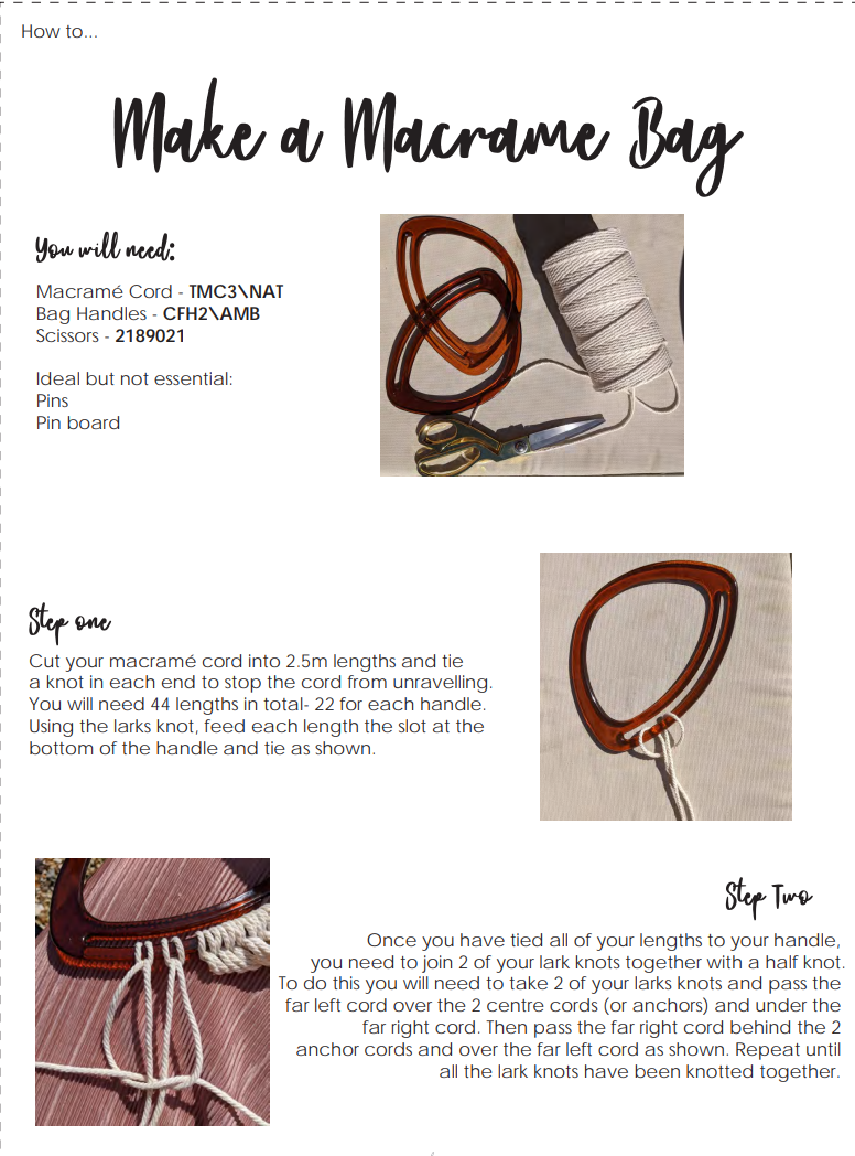 A pair of amber-colored oval plastic bag handles shown in a macrame bag-making tutorial.