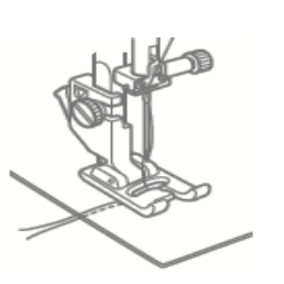Line drawing of a Janome buttonhole foot attached to a sewing machine needle bar over fabric.