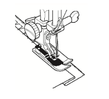 Line drawing of a Janome blind hem foot with a metal guide stitching a fabric hem.