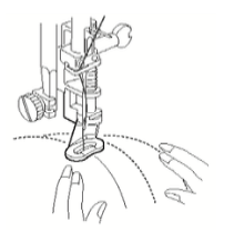 Line drawing of a Janome embroidery and darning foot being used for freehand quilting on fabric.