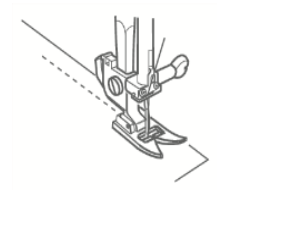 Line drawing of a Janome non-stick resin ultra glide foot attached to a sewing machine needle bar.